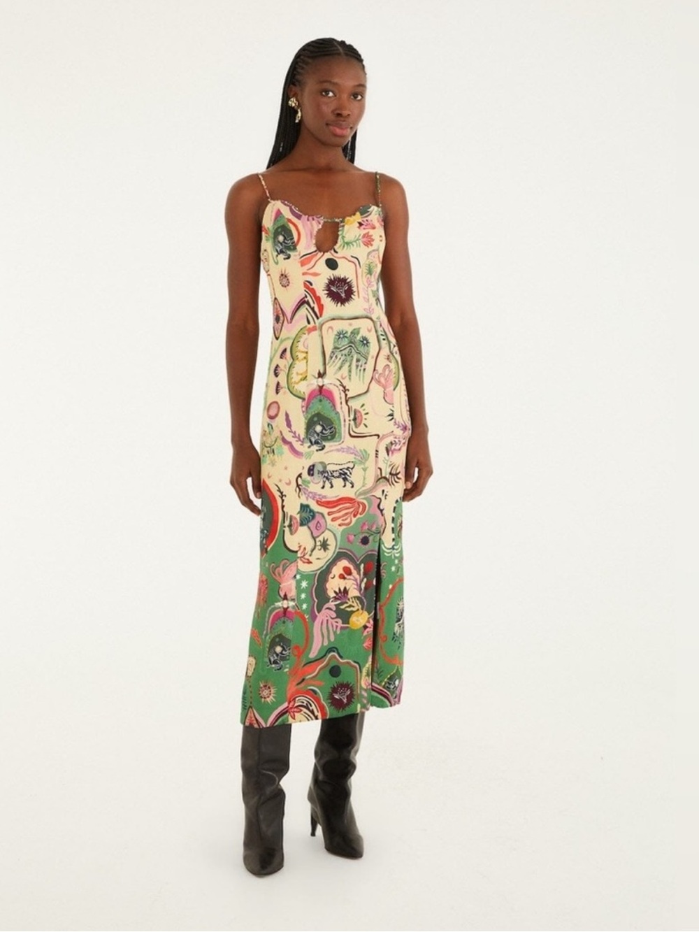 Farm Rio Farm Rio Beige Artsy Surreal Land
Beaded Sleeveless Midi Dress